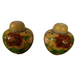 Mid 20th Century Chinese Cloisonné Chrysanthemums & Lotus Ginger Jars - Pair